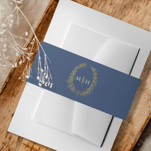 Monogram blue gold white oval leaves invitation belly band