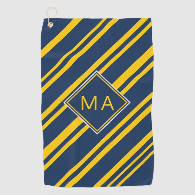 Monogram Blue Golden Yellow Striped Golf Towel (Front)