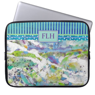 Monogram Blue Green Abstract Art & Stripes Laptop Sleeve
