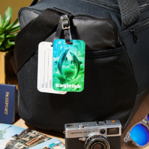 Monogram Blue & Green Dolphins Ocean Luggage Tag