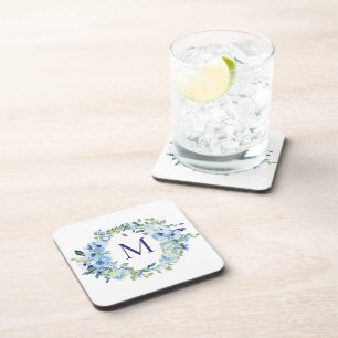 Monogram Blue Green Floral Botanical Watercolor  Coaster