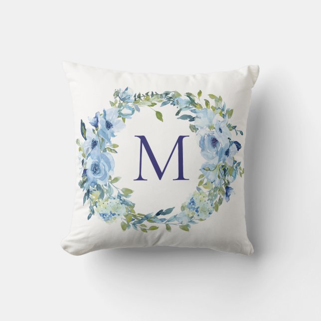 Monogram Blue Green Floral Botanical Watercolor  Cushion (Front)