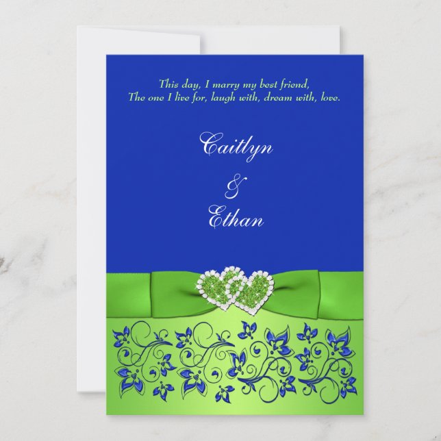 Monogram Blue, Green Floral, Hearts Wedding Invite (Front)