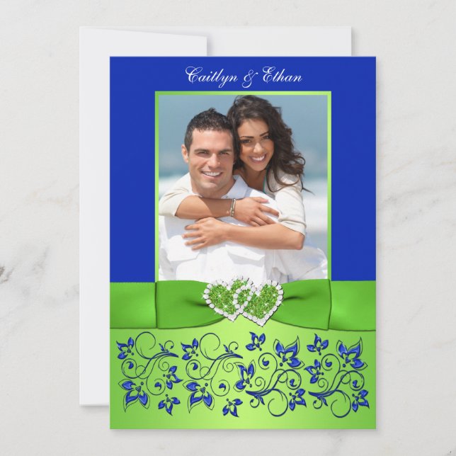 Monogram Blue, Green Floral PHOTO Wedding Invite (Front)