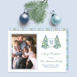 Monogram Blue Green Merry Christmas Photo Holiday Card<br><div class="desc">* Photo credit: Photography © Storytree Studios, Stanford, CA ** / Chinoiserie Chic Happy Holidays photocard with space for a single letter monogram and a family photo. The watercolor elements (christmas tree, planter, poinsettia and baubles) were originally handpainted by me in watercolors onto 100% cotton paper before being scanned and...</div>