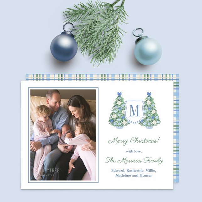 Monogram Blue Green Merry Christmas Photo Holiday Card (Chinoiserie Chic Twin Christmas Trees with family picture and monogram)