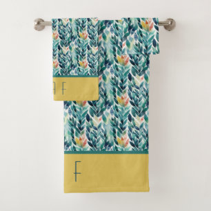 Monogram Blue Green Yellow Leaves Leaf Pattern Bath Towel Set