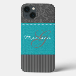 Monogram Blue, Grey Damask Stripe iPad Air Case
