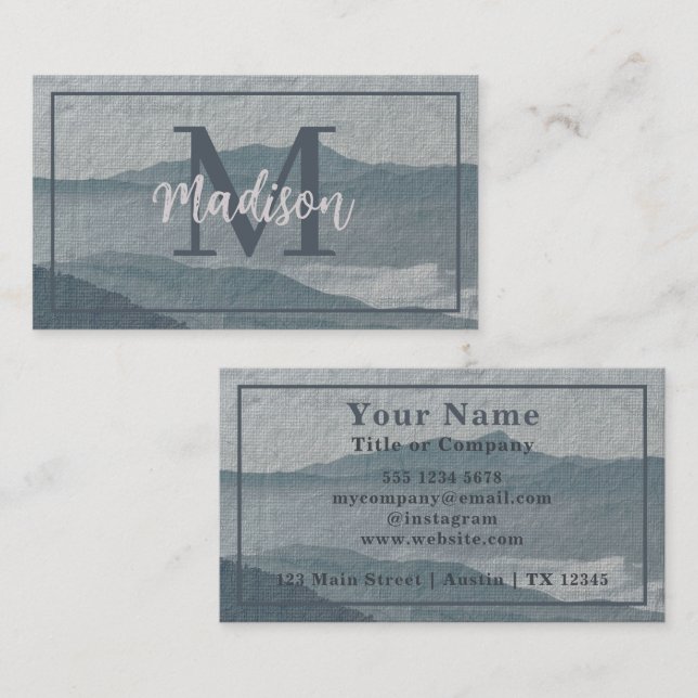 Monogram Blue Grey Mountain Watercolor Art Business Card (Front/Back)