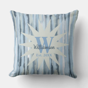 Monogram blue grey navy stripes watercolor marine cushion