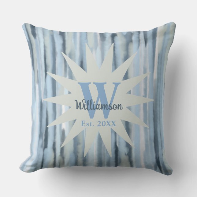 Monogram blue grey navy stripes watercolor marine cushion (Front)