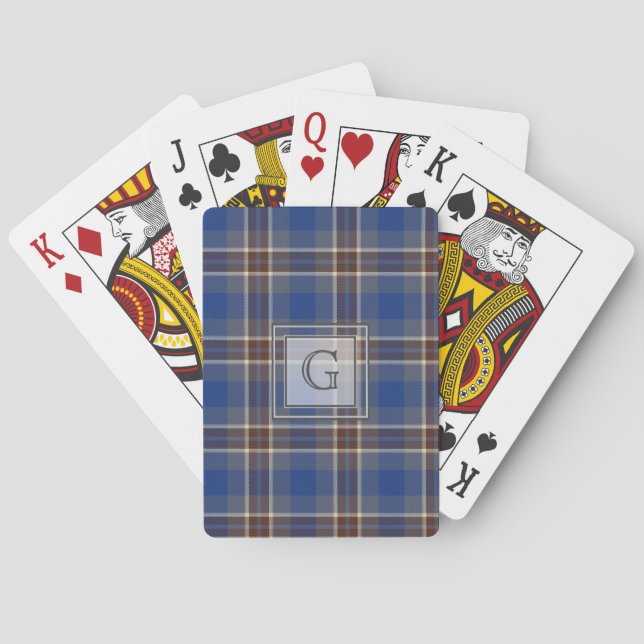 Monogram Blue Grey Tartan Gifts For Men Customized Playing Cards (Back)
