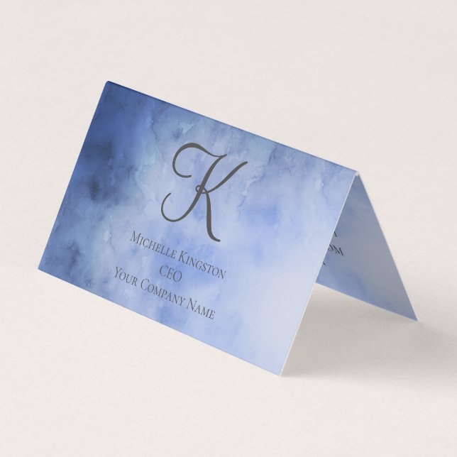 Monogram Blue Grey Watercolor Folded Tent Business Card (Front)