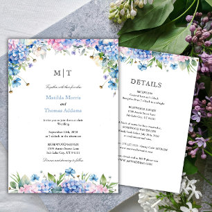 Monogram Blue Hydrangea Border Wedding All In One Invitation