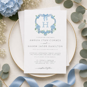 Monogram Blue Hydrangea Floral Crest Wedding Invitation