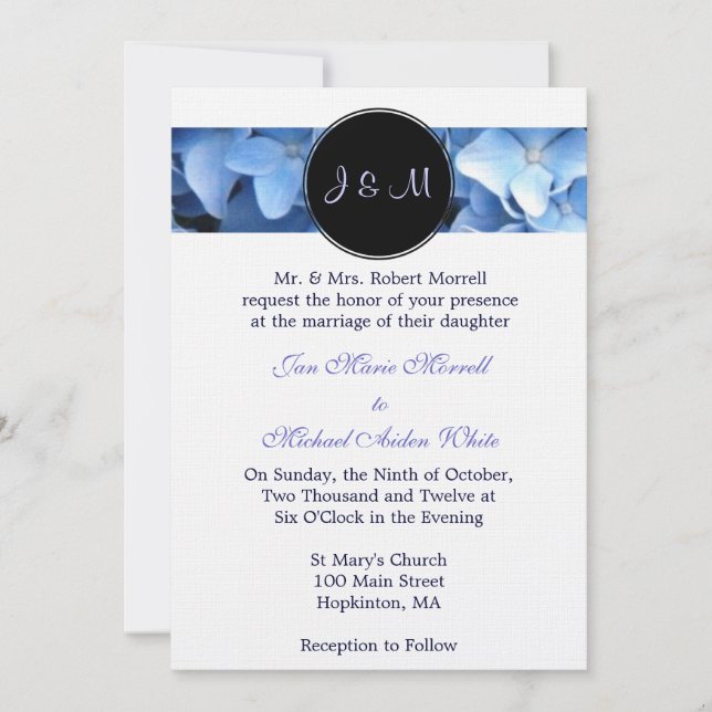 Monogram Blue Hydrangea Wedding Invitation (Front)