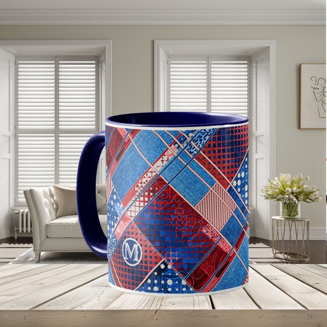 Monogram Blue Jeans Patchwork Pattern Mug (Mug featuring your monogram (optional) on a blue jeans based patterned patchwork or quilting design)
