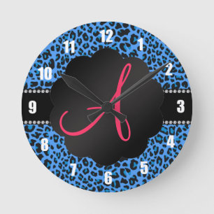 Monogram blue leopard pattern round clock