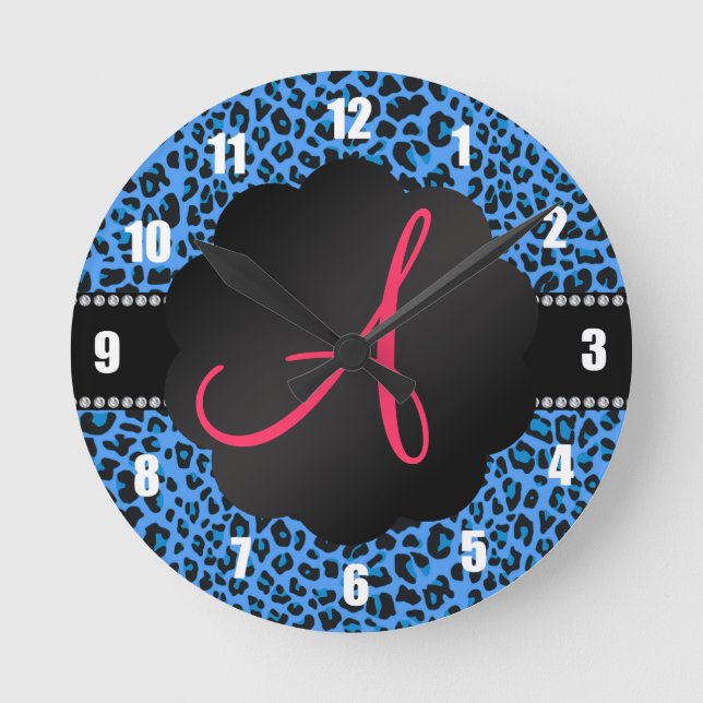 Monogram blue leopard pattern round clock (Front)