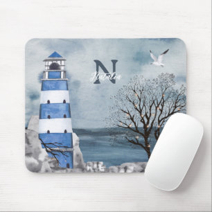 Monogram Blue Lighthouse Watercolor Art Mouse Mat