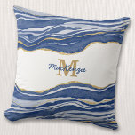 Monogram Blue Marble Agate Gold Glitter Cushion<br><div class="desc">Indigo blue watercolor agate marble design with faux gold detail.  Change the name and monogram initial to personalize.</div>