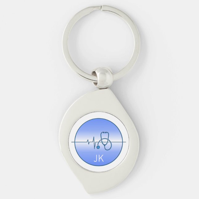 Monogram Blue Medical Stethoscope Heartbeat Key Ring (Front)