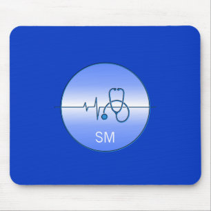 Monogram Blue Medical Stethoscope Heartbeat Mouse Mat