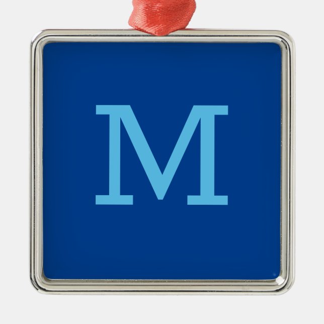 Monogram Blue Modern Add Your Name Initial Metal Tree Decoration (Front)