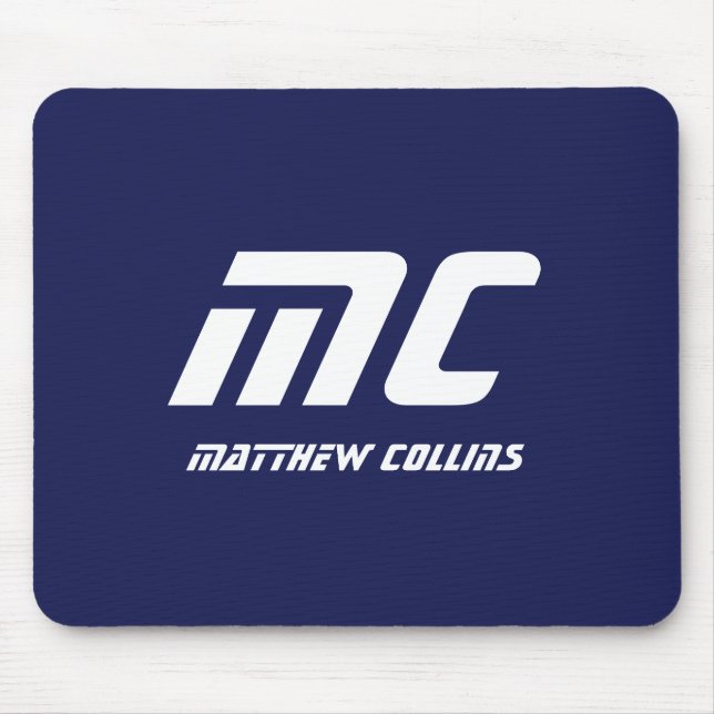 Monogram Blue Modern Minimalist Name White Simple Mouse Mat (Front)