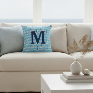 Monogram Blue Nautical Sailboat and Anchor Cushion