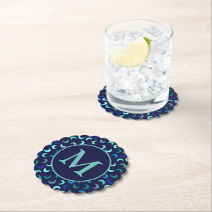 Monogram Blue New Moon Pattern Paper Coaster