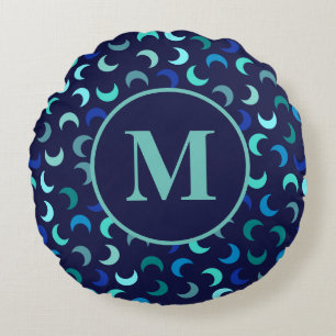 Monogram Blue New Moon Pattern Round Cushion