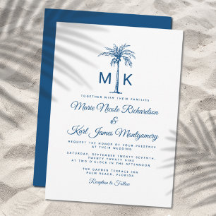 Monogram Blue Palm Tree Formal Beach Wedding Invitation