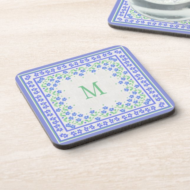 Monogram Blue Periwinkles Floral Border Faux Linen Coaster (Left Side)