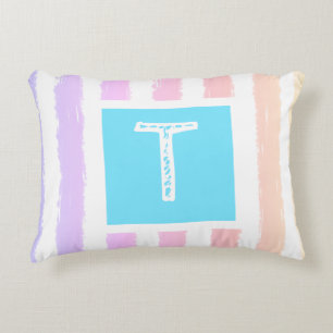 Monogram Blue Pink Watercolor Stripes Decorative Cushion