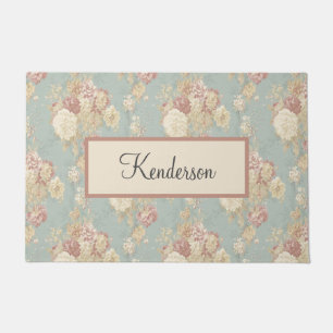 Monogram Blue Pink White Floral Cottage Core Doormat