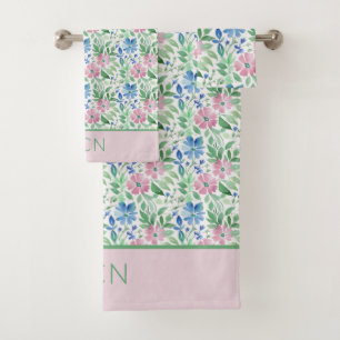Monogram Blue Pink White Green Cottage Core Bath Towel Set