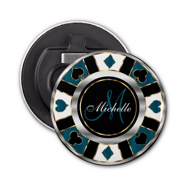 Monogram Blue Poker Chip  Bottle Opener (Front)