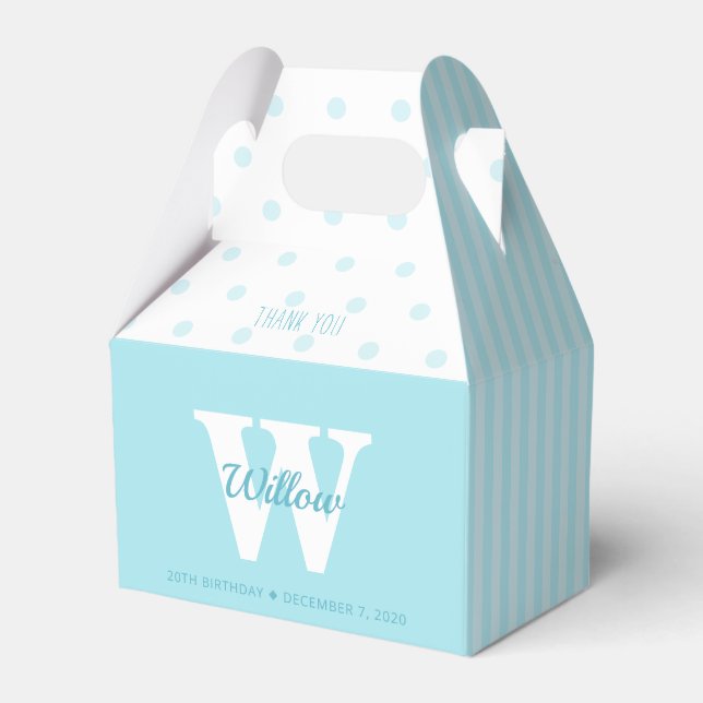 Monogram Blue Polka Dots Stripes Gable Favour Box (Front Side)