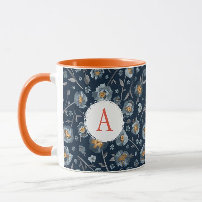 Monogram Blue Poppies Floral Pattern Mug (Left)