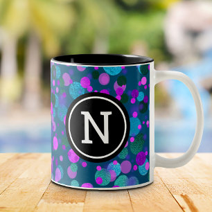 Monogram blue purple confetti dots on teal modern Two-Tone coffee mug