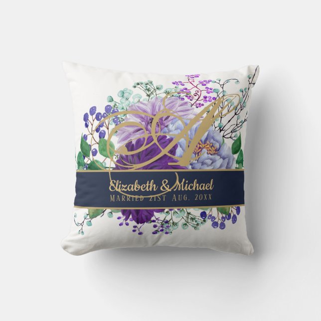Monogram Blue Purple Floral Gold Newlyweds Wedding Cushion (Front)
