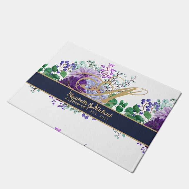 Monogram Blue Purple Floral Gold Newlyweds Wedding Doormat (Angled)