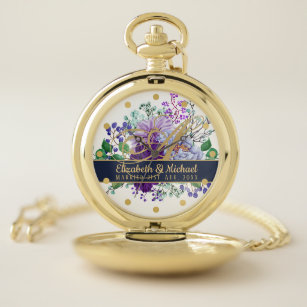 Monogram Blue Purple Floral Gold Newlyweds Wedding Pocket Watch