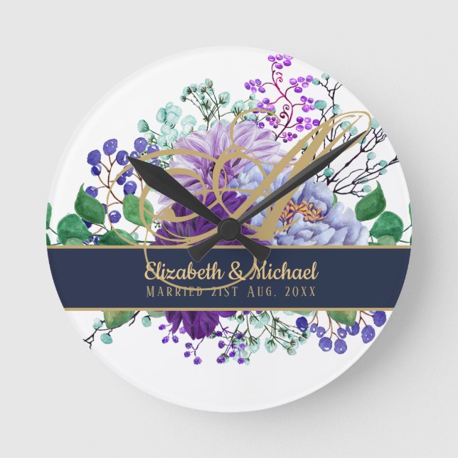 Monogram Blue Purple Floral Gold Newlyweds Wedding Round Clock (Front)