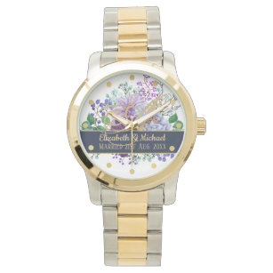 Monogram Blue Purple Floral Gold Newlyweds Wedding Watch