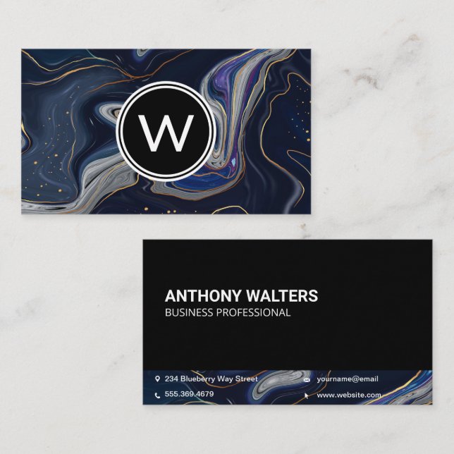 Monogram | Blue Purple Gold Marble Business Card (Front/Back)