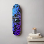 Monogram blue purple ombre leaf cool trendy modern skateboard<br><div class="desc">Bring a bit of the jungle tropics to your city streets whenever you use cool, chic, modern skateboard sporting a handwritten monogram initial over a graphic palm leaf pattern of vivid, distressed blue and purple ombre gradations on black. Makes a fun and stylish statement every time you surf the pavement....</div>