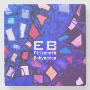 Monogram blue purple pink abstract pattern stone coaster