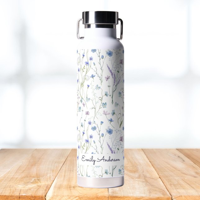 Monogram Blue Purple Pretty Wildflower Floral Water Bottle (In situ)